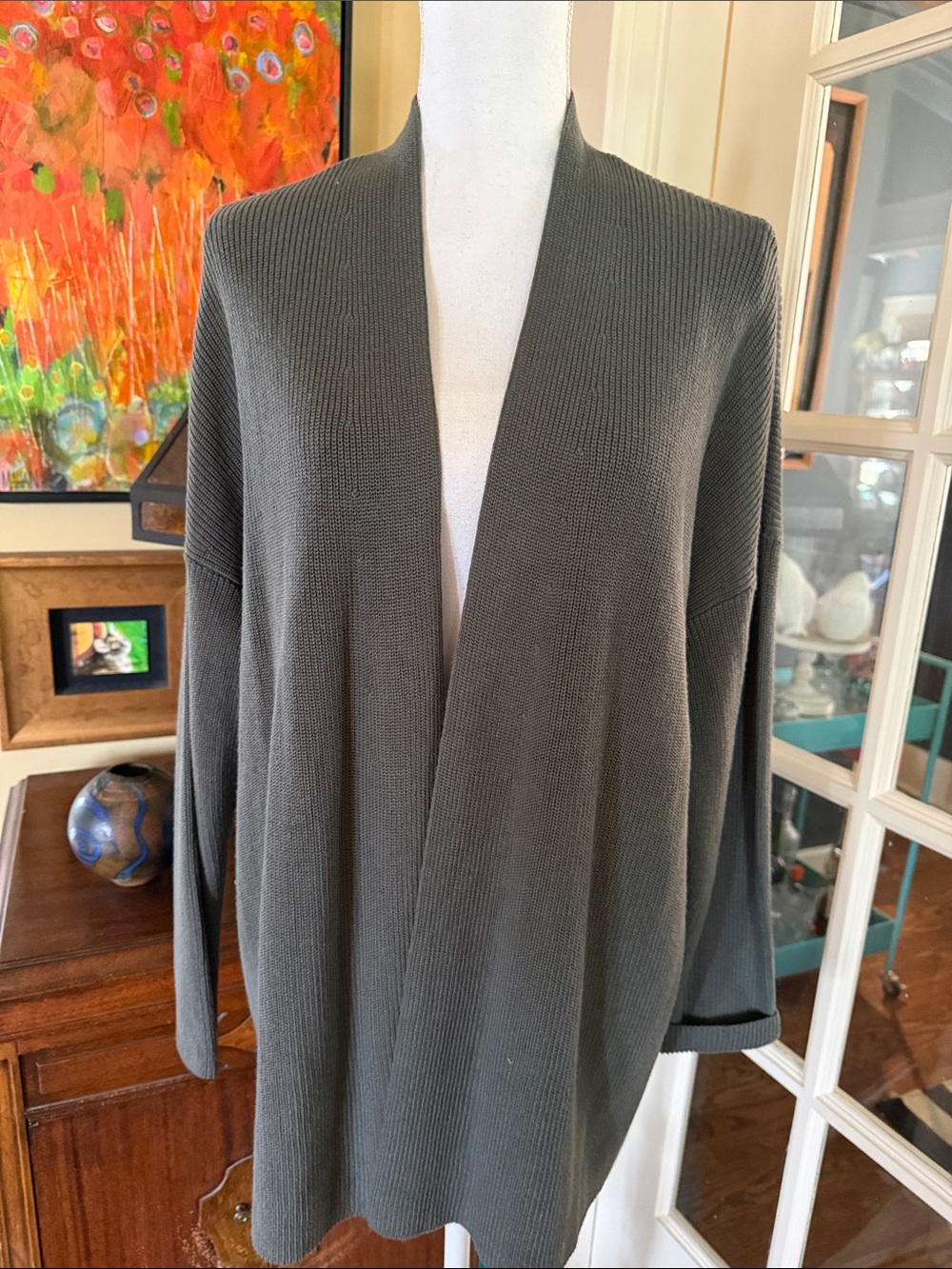 J.Jill Relaxed Open-Front Knit Cardigan - Olive Green Coriander New XL